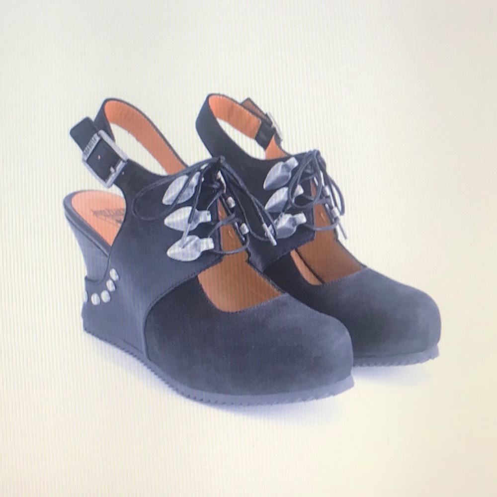 John Fluevog Black Leather Zenobia Conquer Slingback Wedge Heel fits 8